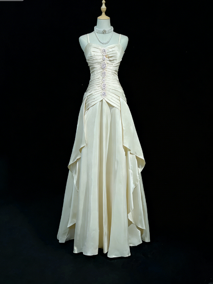 Vintage A Line Spaghetti Strap Beaded Pleated Bright Orange Satin Prom Dress Party Dress DP2765