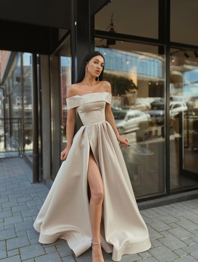 Apricot A Line Off the Shoulder Satin Prom Dress Evening Dress with Slit DP5593