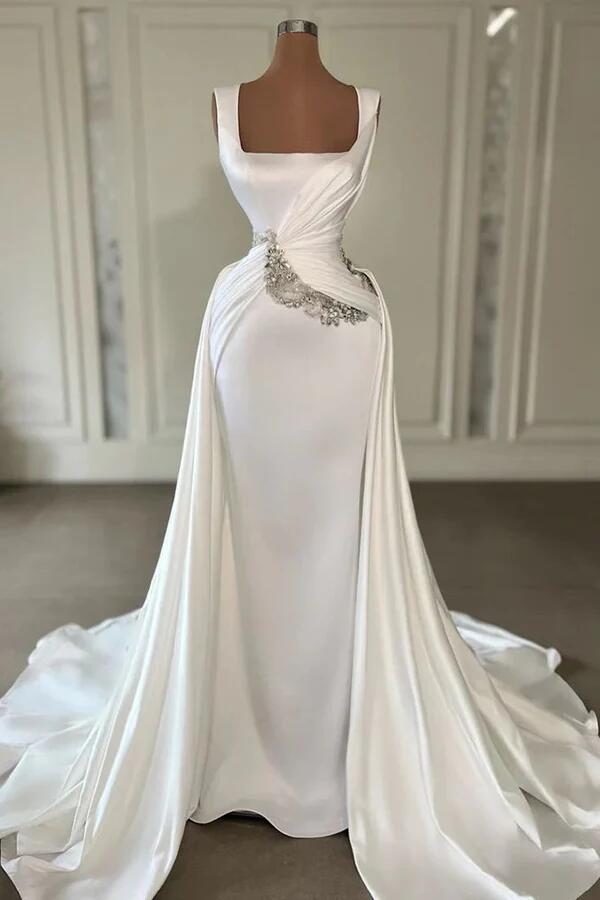 Sheath Satin Train Bridal Wedding Dresses Gowns White Formal Prom Dresses DP144