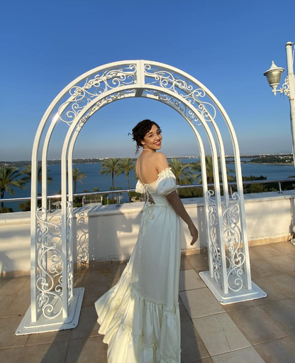 Princess A Line Off the Shoulder Champagne Satin Long Prom Dress Evening Dress DP1689