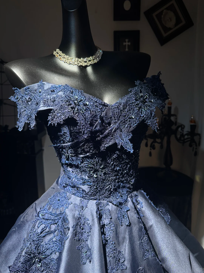 Navy Blue A Line Off the Shoulder Applique Satin Short Prom Dress Homecoming Dress DP6974