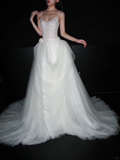 Pretty A Line Spaghetti Straps Pearl White Tulle Long Wedding Dress DP5798