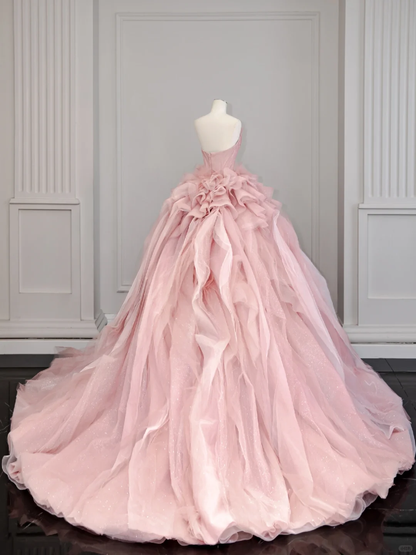 Elegant A Line Strapless Tiered Pink Tulle Long Prom Dress Evening Dress DP1957