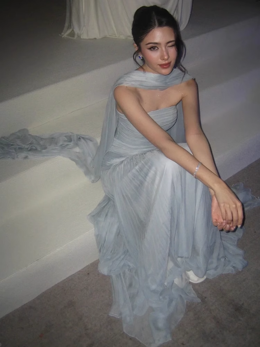 Flowy A Line Strapless Blue Chiffon Long Prom Dress Party Dress DP2750