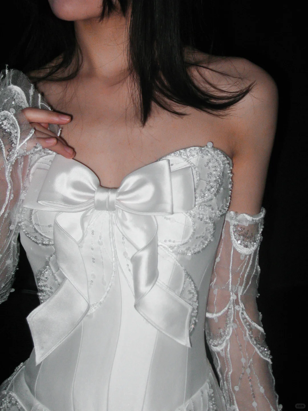 Cute A Line Sweetheart Neck Bow Beaded White Lace Satin Wedding Dress DP5306