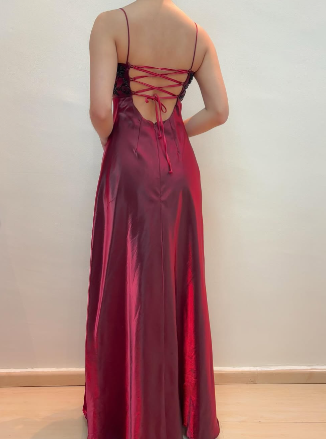 Sparkle A Line Spaghetti Strap Beaded Burgundy Satin Prom Dress Evening Dress DP1761