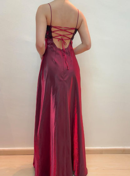 Sparkle A Line Spaghetti Strap Beaded Burgundy Satin Prom Dress Evening Dress DP1761