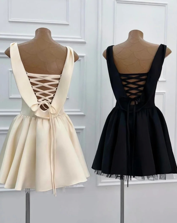 Light Champagne A Line Strap Satin Open Back Mini Homecoming Dress DP2806