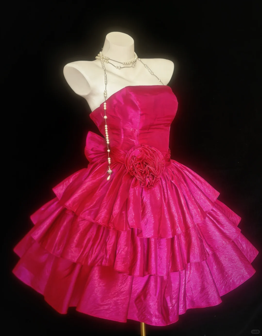 Vintage Hot Pink A Line Strapless Layered Satin Short Homecoming Dress DP4720