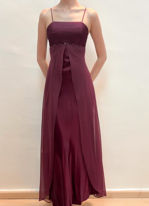 Vintage Dark Burgundy A Line Chiffon Satin Prom Dress Evening Dress Date Dress DP5276