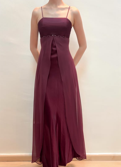 Vintage Dark Burgundy A Line Chiffon Satin Prom Dress Evening Dress Date Dress DP5276