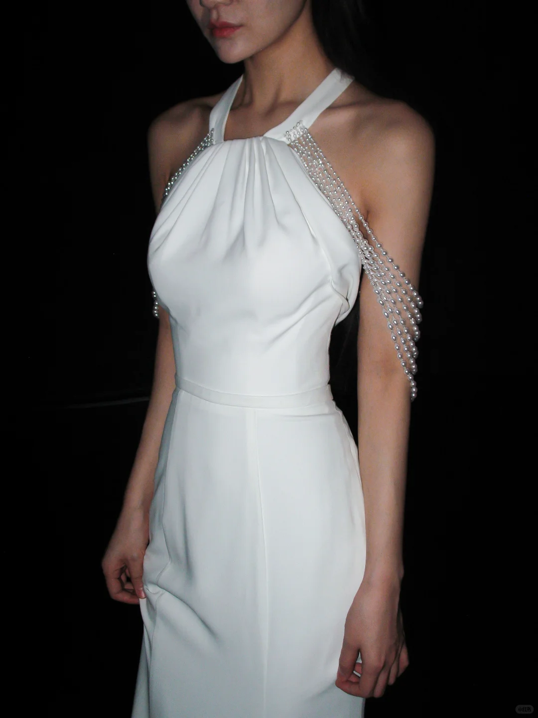 Chic Mermaid Halter White Pearl Satin Backless Wedding Dress DP8112