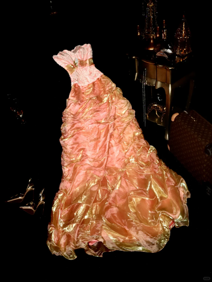 Vintage A Line Strapless Lace Pleated Organza Prom Dress Party Evening Dress DP5359