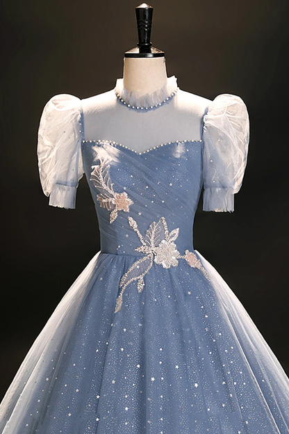 Elegant Blue Tulle Floor Length Prom Dress Formal Evening Dress DP492