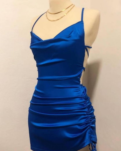 Sexy Black Sheath Spaghetti Strap Pleated Satin Mini Homecoming Dress Cocktail Dress DP3858