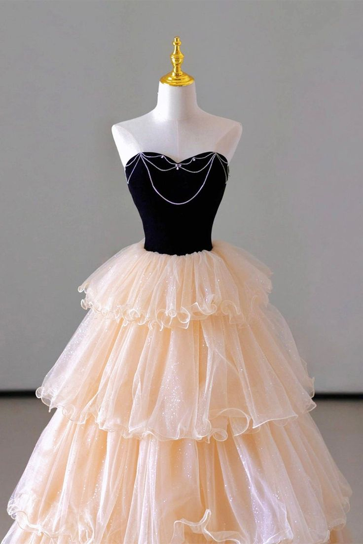 Gorgeous Champagne Tulle A Line Strapless Layered Long Prom Dress Formal Graduation Evening Dress DP598