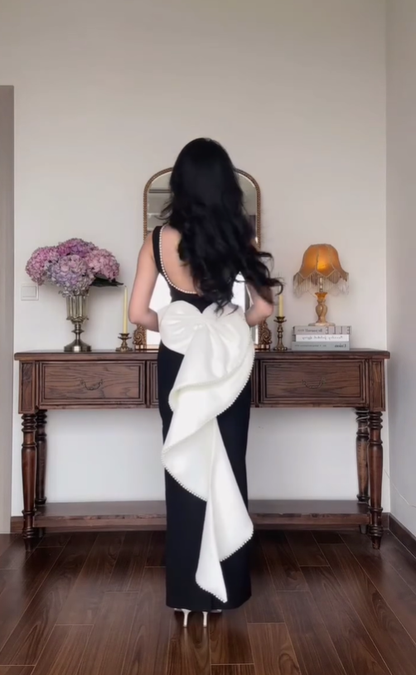 Classic Sheath Round Neck Satin Prom Dress with Bow DP4365