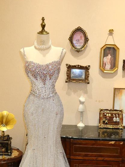 Shiny Rhinestone Mermaid Spaghetti Strap Tulle Long Prom Dress Evening Dress DP6995