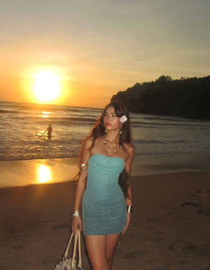 Stunning Sheath Strapless Beaded Blue Ombre Tulle Short Homecoming Dress Vacation Dress DP3987