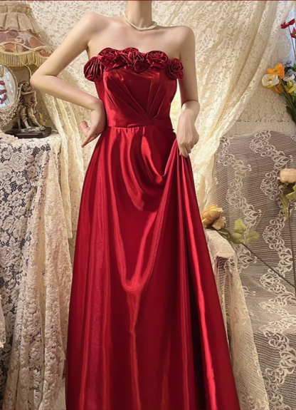 Burgundy A Line Strapless Floral Satin Long Prom Dress Date Dress DP4271