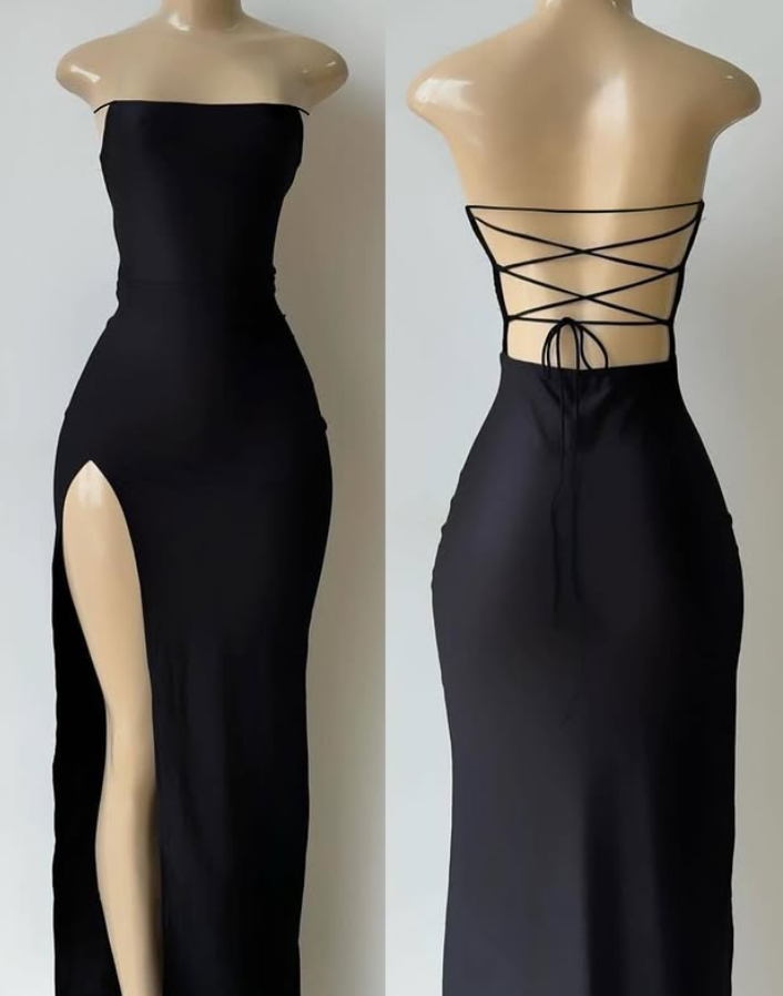 Sexy Sheath Spaghetti Strap Black Satin Prom Dress Evening Dress with Slit DP3884