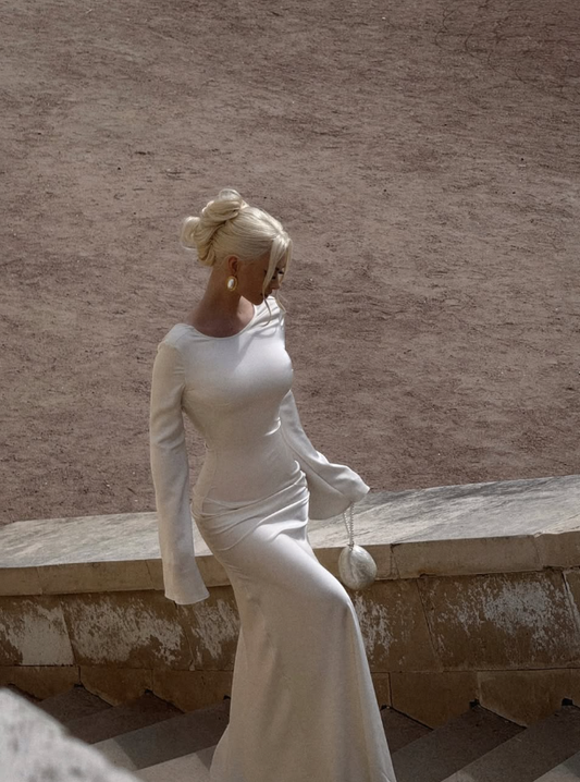 Ivory White Mermaid Round Neck Long Sleeve Satin Long Prom Dress Evening Dress DP3259