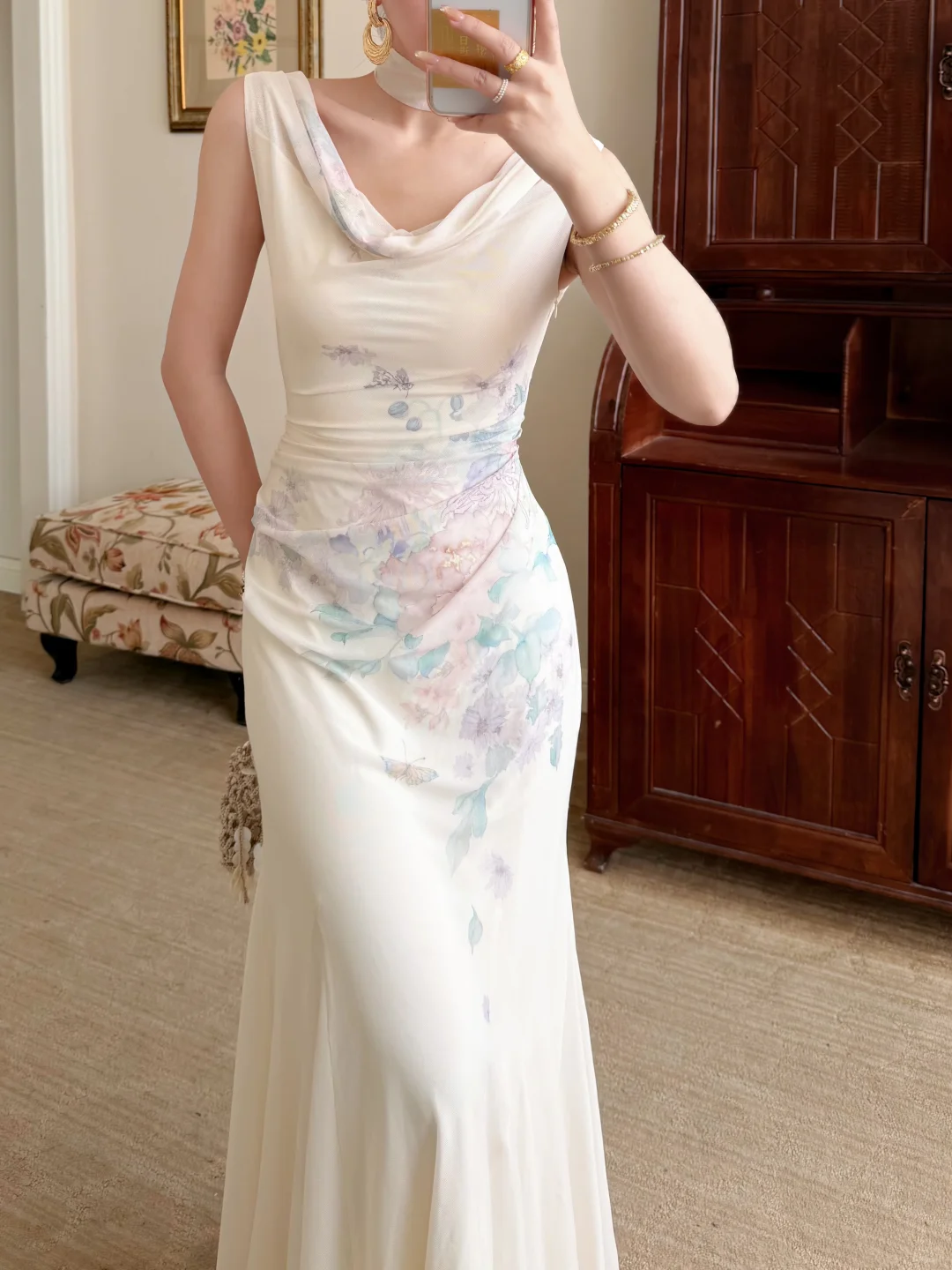 Gentle Mermaid Print Flower Ivory Chiffon Long Prom Dress Evening Dress DP6789