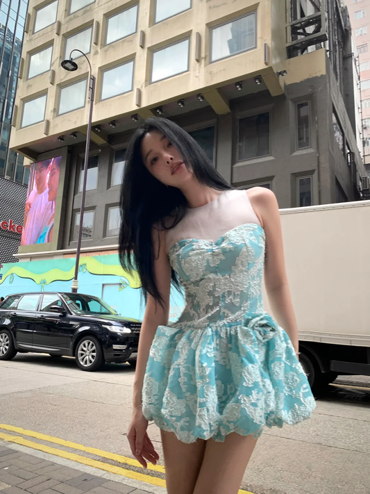 Cute A Line Round Neck White Lace Appliques Blue Organza Short Homecoming Dress Cocktail Dress DP2715