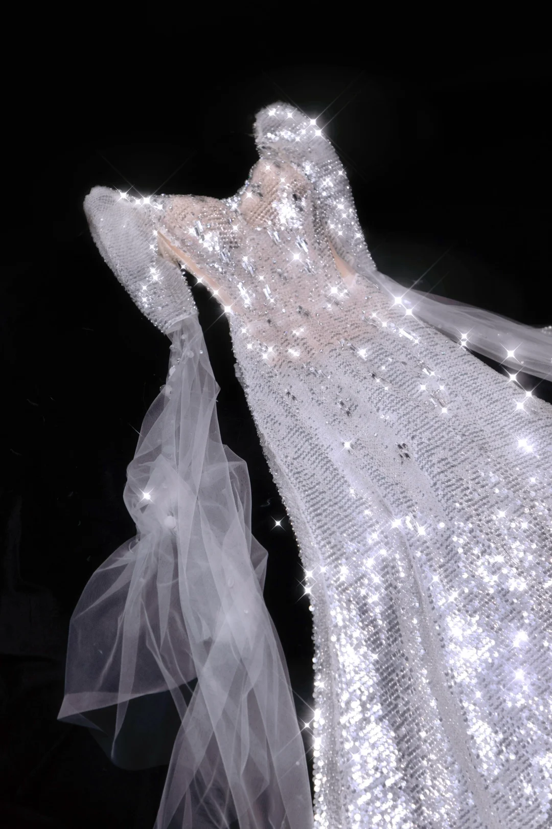 Dreamy A Line Long Sleeve Silver Sequin White Tulle Long Prom Dress Evening Dress DP2863