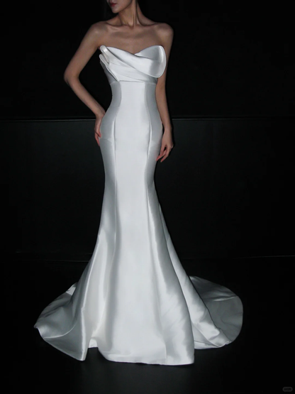 White Unique Mermaid Strapless Satin Long Sweep Wedding Dress DP5789