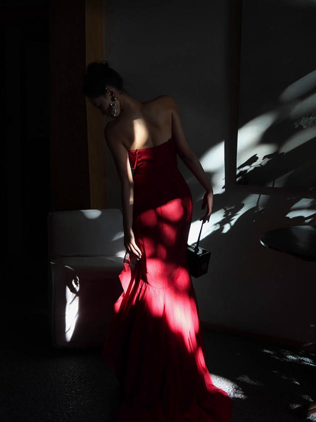 Stunning Burgundy Mermaid Spaghetti Strap Layered Chiffon Prom Dress Party Dress Date Dresses DP3684