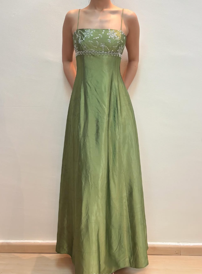 Vintage A Line Spaghetti Strap Beaded Sequin Green Satin Long Prom Dress Evening Dress DP1716