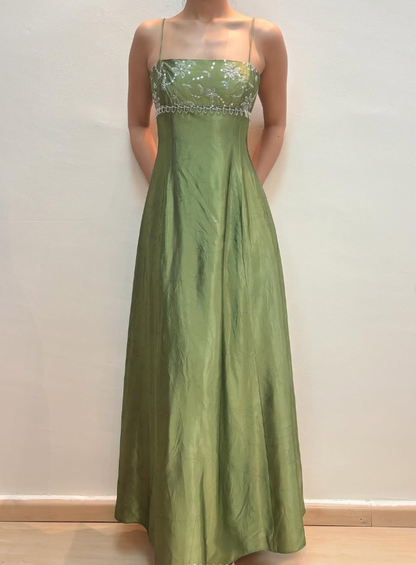Vintage A Line Spaghetti Strap Beaded Sequin Green Satin Long Prom Dress Evening Dress DP1716