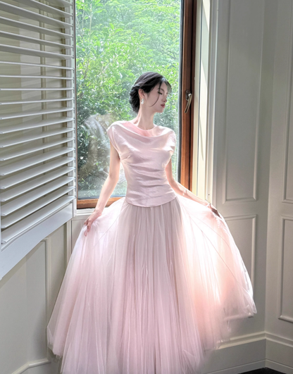 Gentle Light Pink Ball Gown Tulle Satin Prom Dress 16th Birthday Dress DP3569