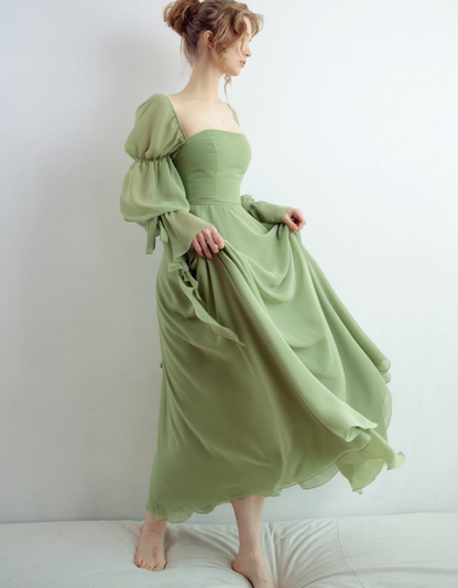 Princess Green A Line Long Sleeve Chiffon Long Prom Dress Evening Dress DP2801