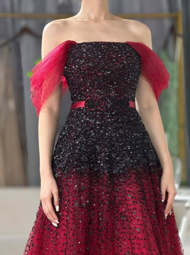 Burgundy A Line Off the Shoulder Beads Sequins Tulle Prom Dress Evening Dress DP1441