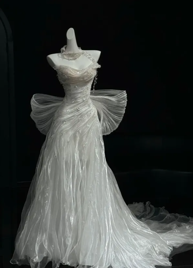 Chic A Line Off the Shoulder Beaded Pleated White Organza Prom Dress Graduation Prom Dress DP5049
