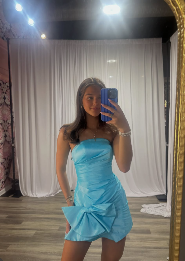 Blue Bow Sheath Strapless Satin Short Prom Dress Homecoming Dress DP7125