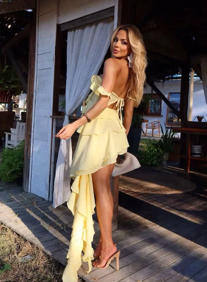 Yellow A Line Off the Shoulder Layered Chiffon Short Homecoming Dress Outfits DP6407