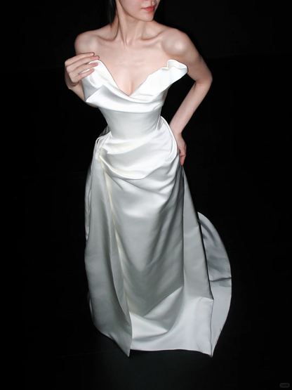 High-class Unique A Line Strapless White Satin Long Wedding Dress DP6377
