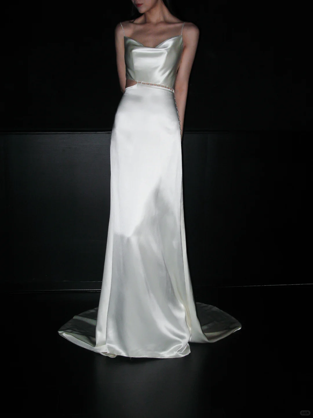 White Pearl A Line Spaghetti Strap Satin Long Wedding Dress DP5783