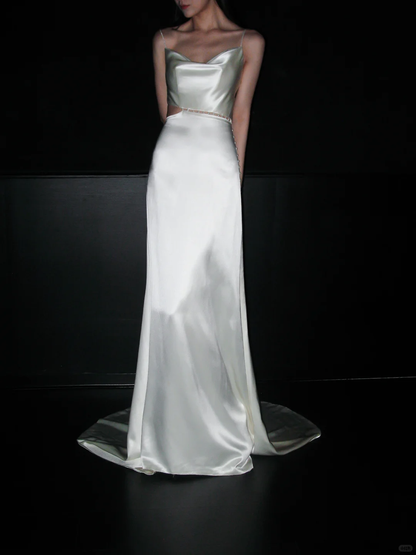 White Pearl A Line Spaghetti Strap Satin Long Wedding Dress DP5783