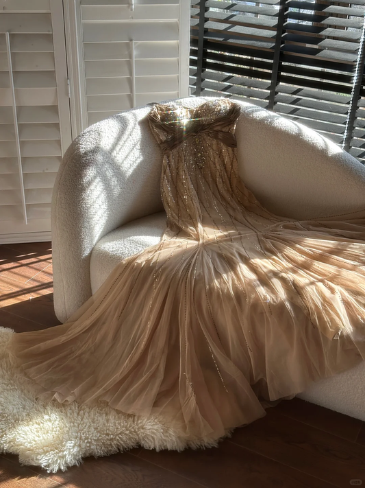 Stunning Mermaid Spaghetti Strap Rhinestone Sequin Brown Chiffon Prom Dress Party Dress DP2577