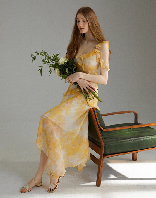Pretty A Line Spaghetti Strap Ruffle Yellow Chiffon Summer Dress Vacation Dress Outfits DP3655