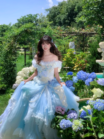 Dreamy Blue Ball Gown Off the Shoulder Exquisite Beaded Lace Tulle Prom Dress 18th Birthday Dress DP4462