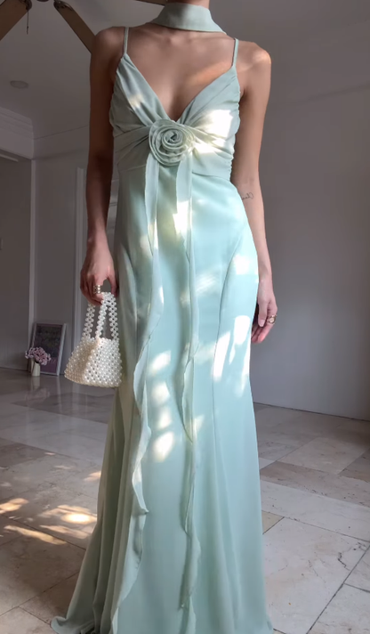Romantic Mermaid Spaghetti Straps Ruffle Light Green Chiffon Graduation Prom Dress DP4873
