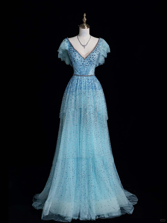 Gorgeous A Line V Neck Tiered Sequin Blue Tulle Prom Dress Graduation Prom Dress DP2015