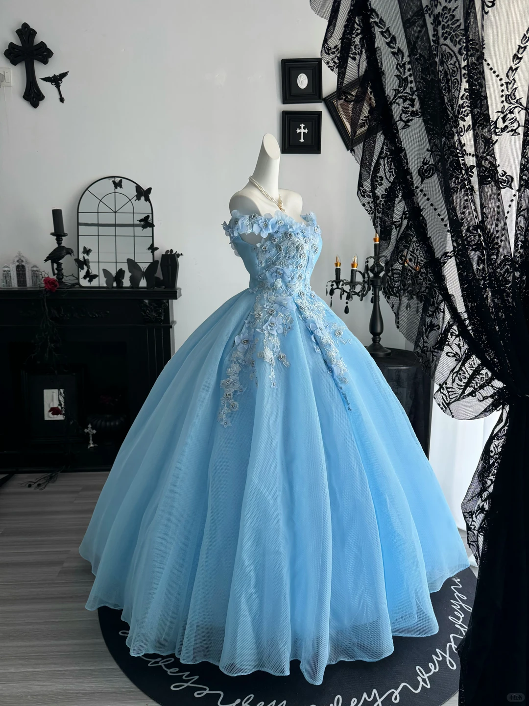 Baby Blue Ball Gown Off the Shoulder Floral Tulle Prom Dress Quinceanera Dress DP6957