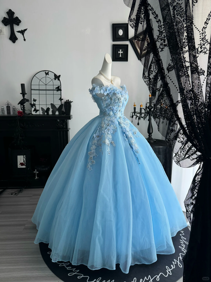 Baby Blue Ball Gown Off the Shoulder Floral Tulle Prom Dress Quinceanera Dress DP6957