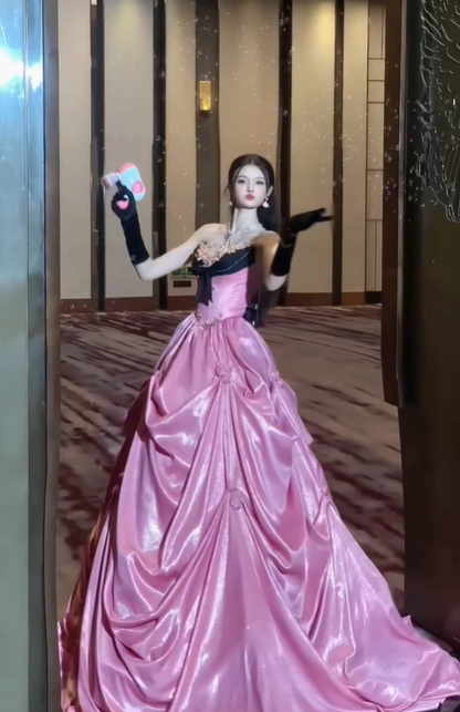Sweety Pink Ball Gown Sweetheart Neck Pleated Satin Long Prom Dress DP4607